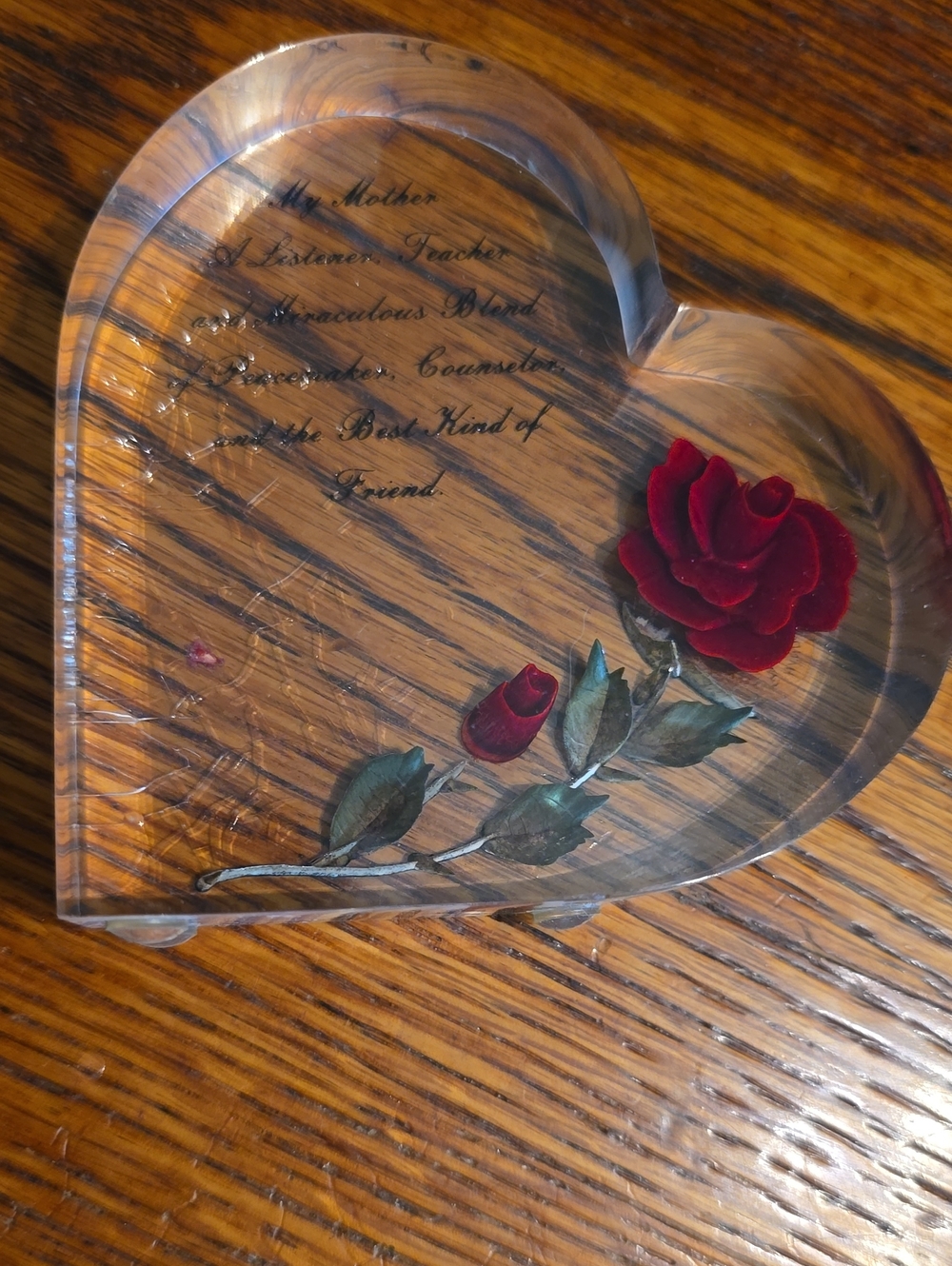 Abrand Heart-Shaped Acrylic Keepsake with Red Rose Motif
